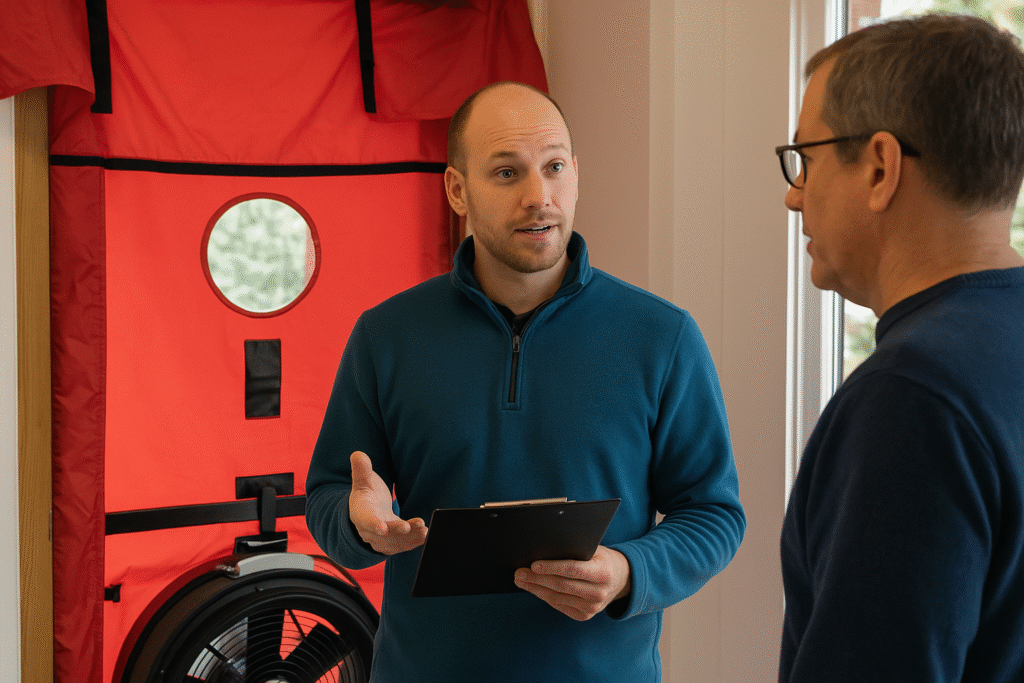 Energy advisor explaining blower door test results to homeowner