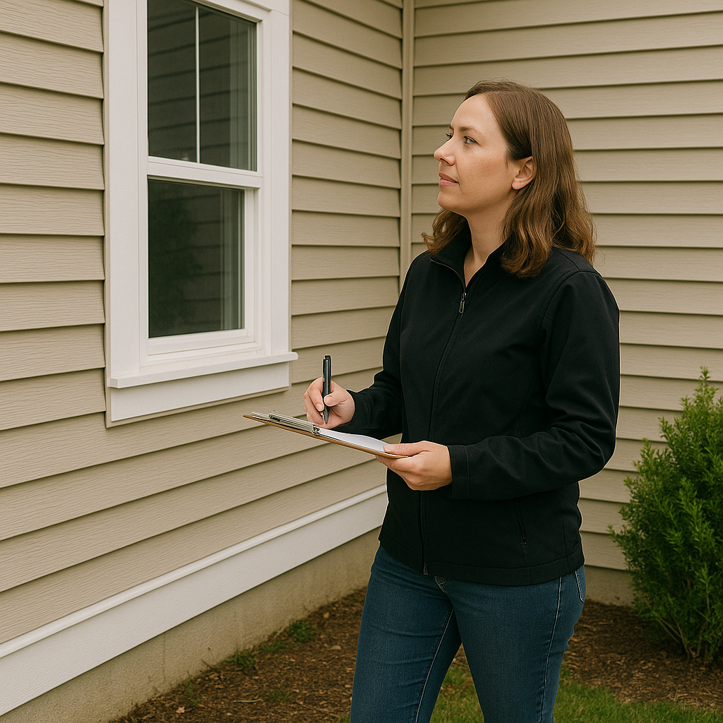 Energy advisor takes measurements of building exterior