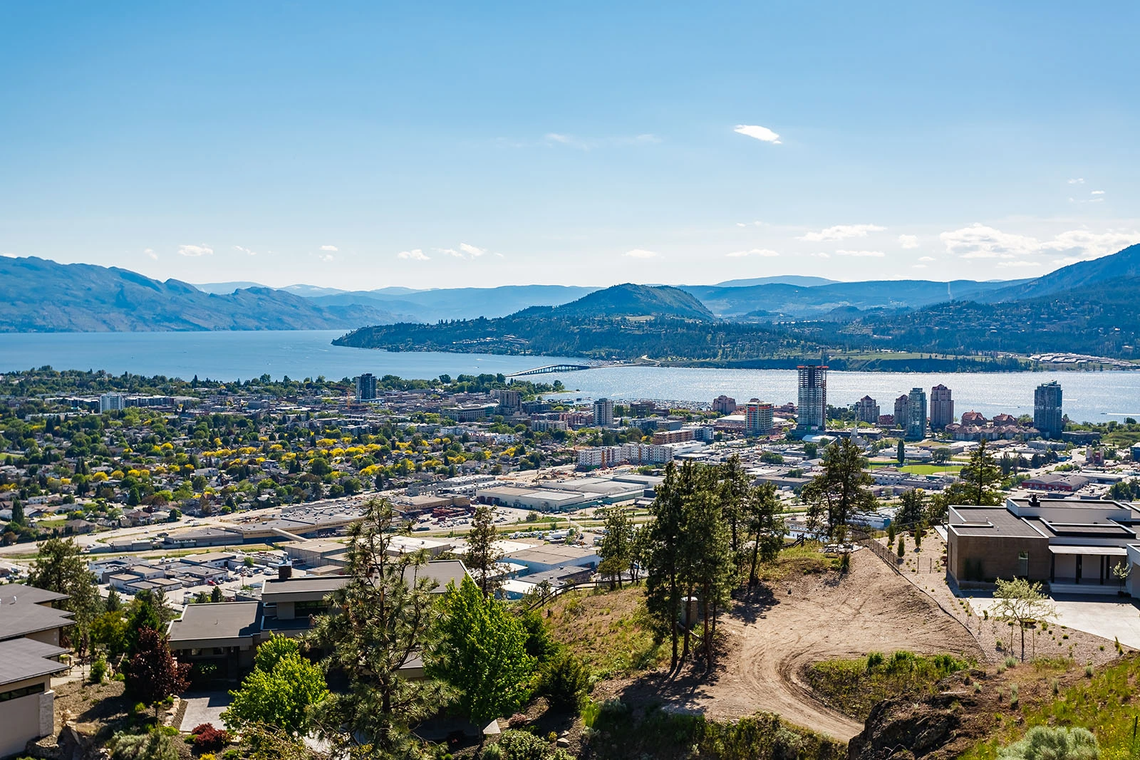 Aerial view of Kelowna, BC and Okanagan Lake — Thrive Energy Inc serves homes and buildings throughout the Okanagan